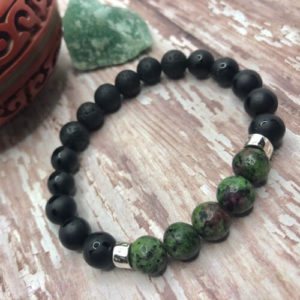 Ruby Zoisite and Onyx bracelet with lava beads